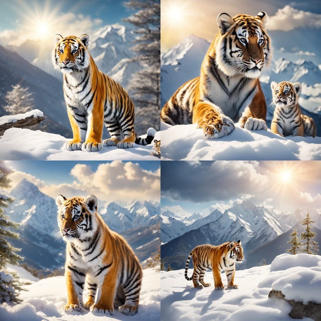 Cute Tiger Cub Surrounded by Heavenly Sunshine on Snowy Moun...