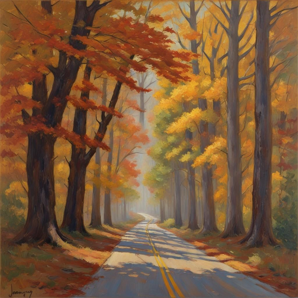 Autumnal Tree Tunnel in Oil Painting Style