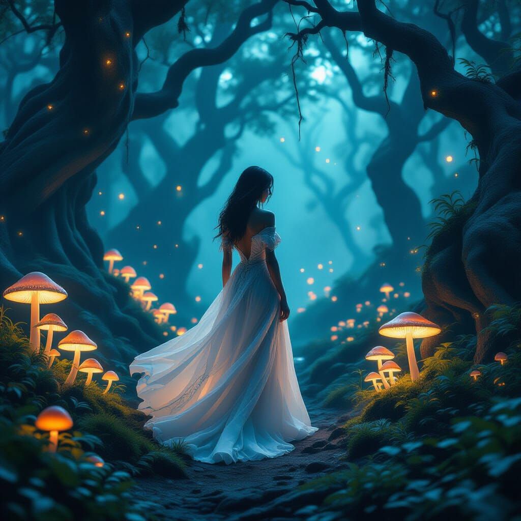 Bioluminescent Forest: Woman in Ethereal Gown