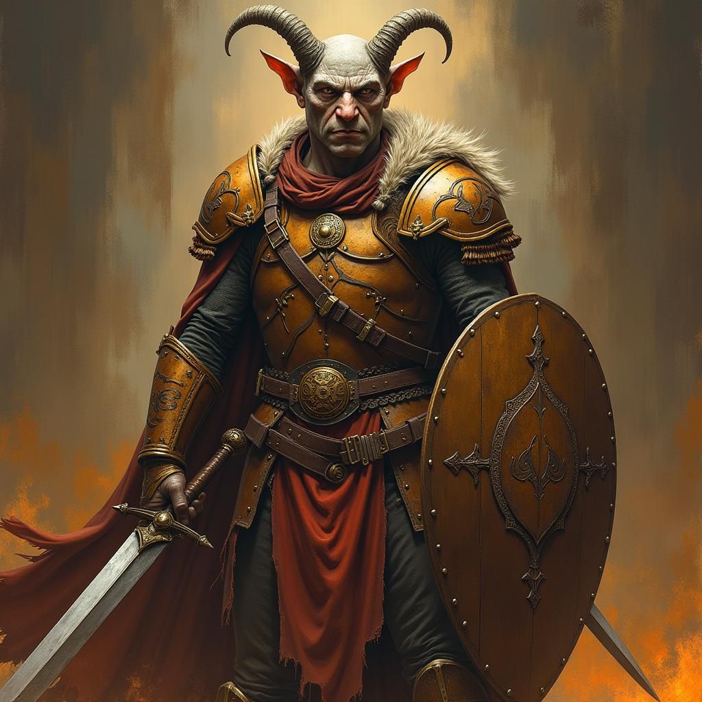 Tiefling Warrior in Leather Armor with Sword and Shield
