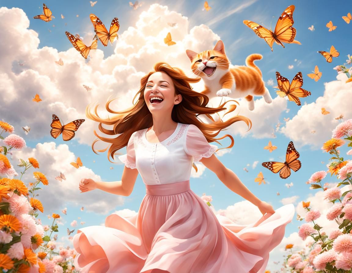 Girl Lifts Cat to Sky in 3D Rendered Scene