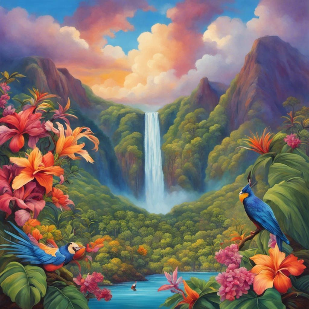 Vibrant Hawaiian Landscape with Snow-Capped Mountains