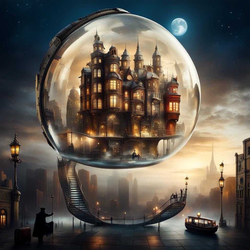 Futurist Glass City in Cube, Mondrian Style