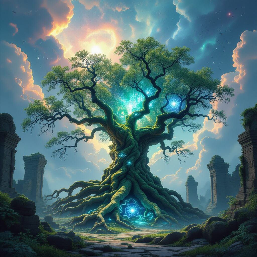 Majestic Ancient Tree in Ruin Under Swirling Nebulae Sky
