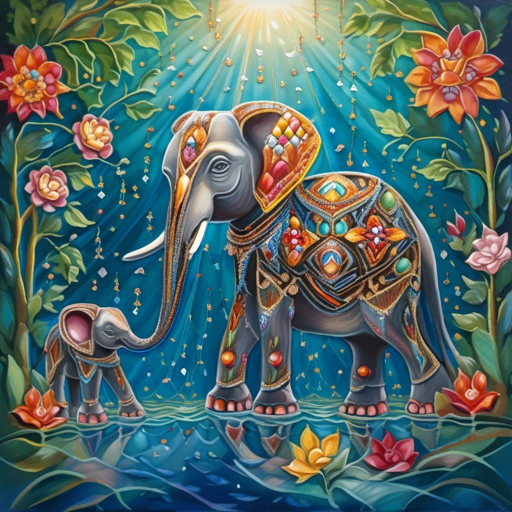 Gems and Glass Elephants Play in Shimmering Water