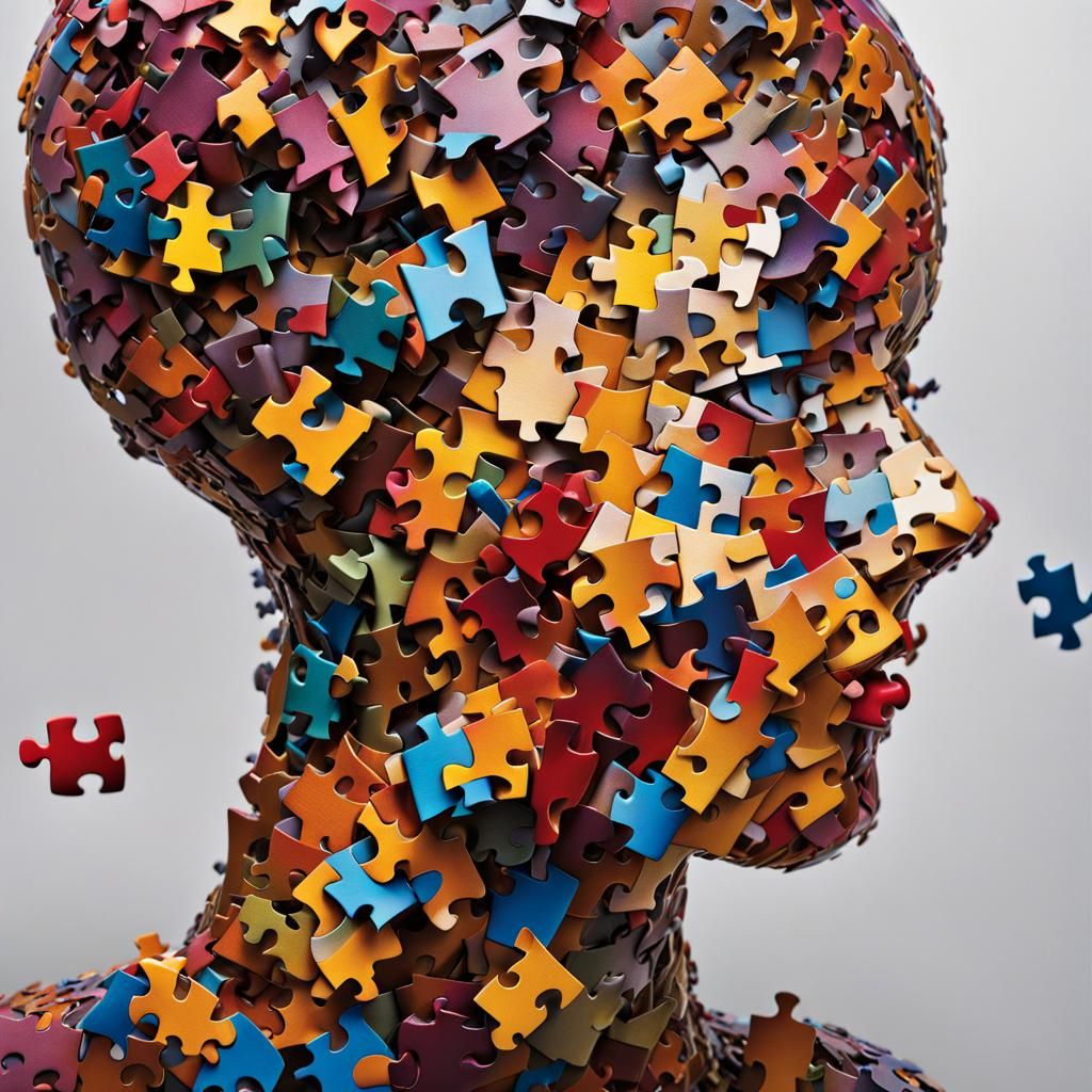 Humanoid Puzzle Figure Disintegrating on Wooden Floor