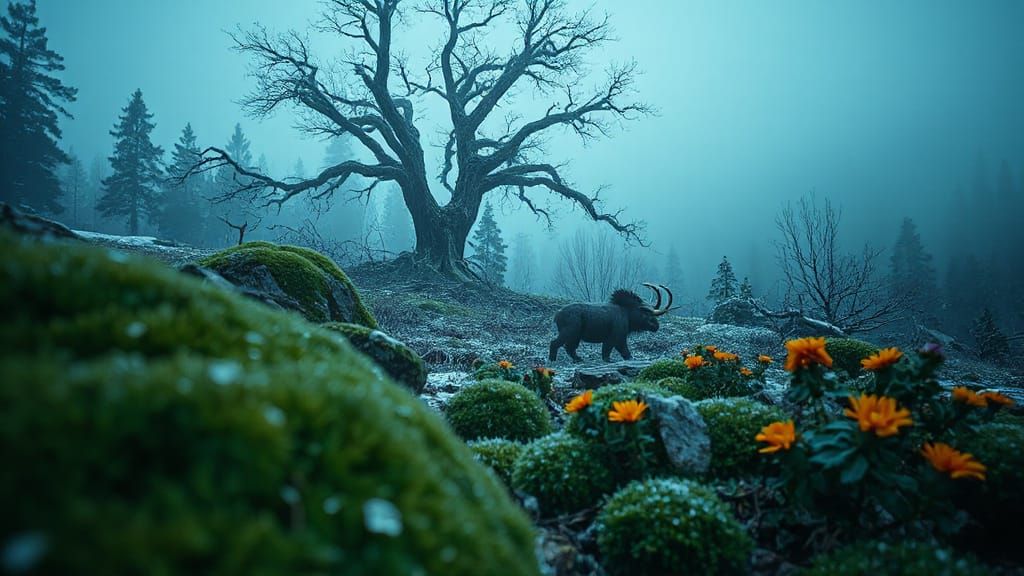 Extinct Animal in a Serene Winter Landscape