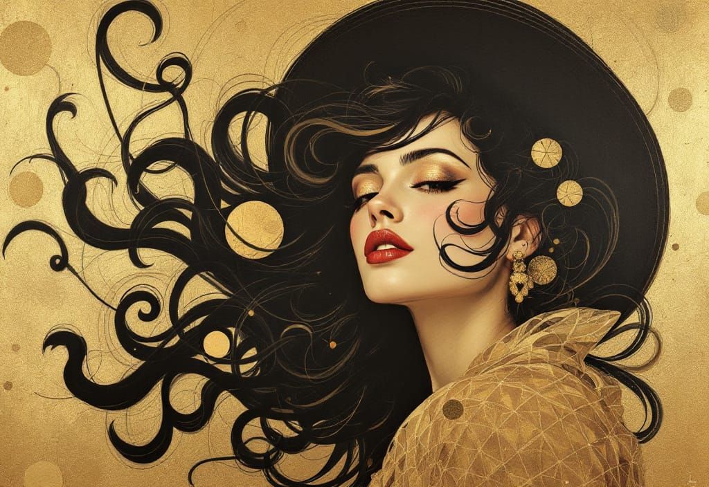 Stylish Woman with Hat in Geometric Art Deco Style