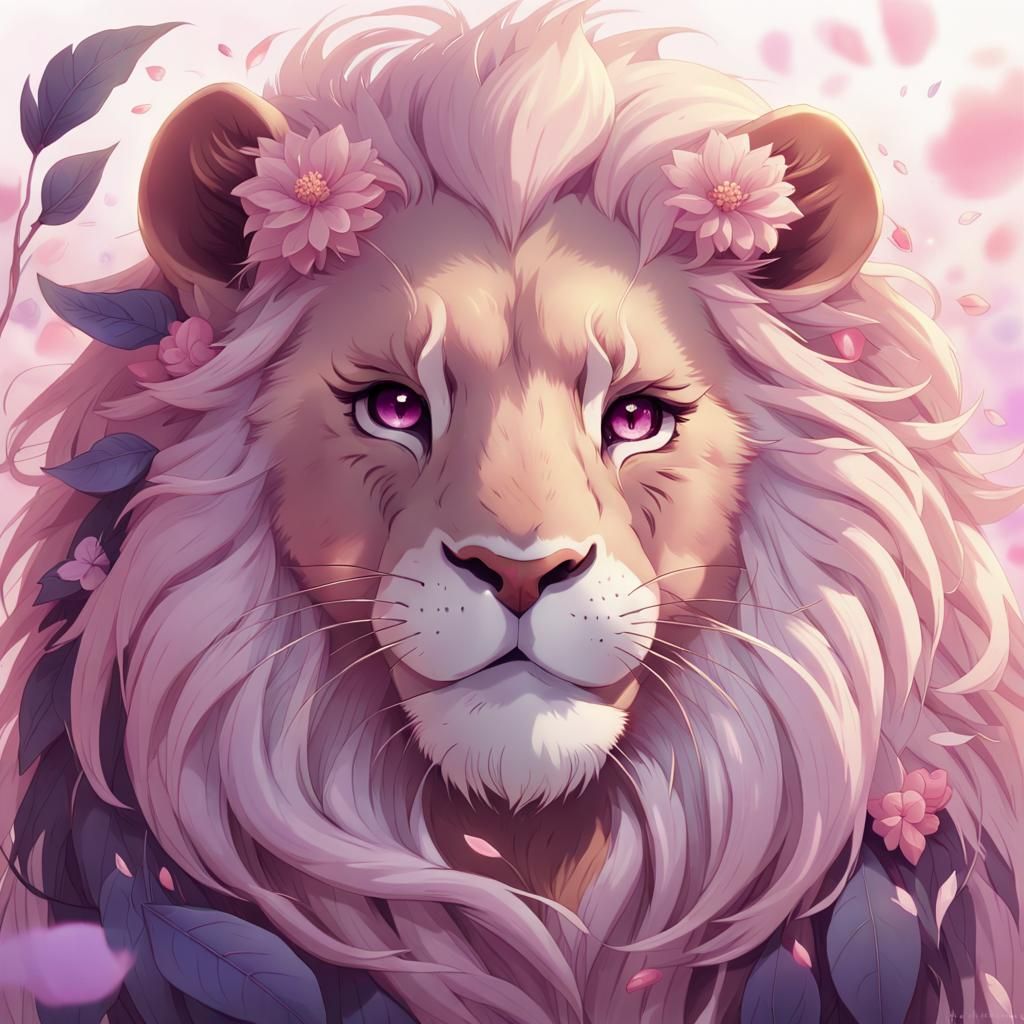 Floral Lion Portrait in Anime Style