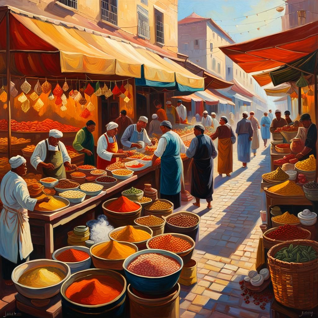 Bustling Market Scene in Impressionistic Oil Painting