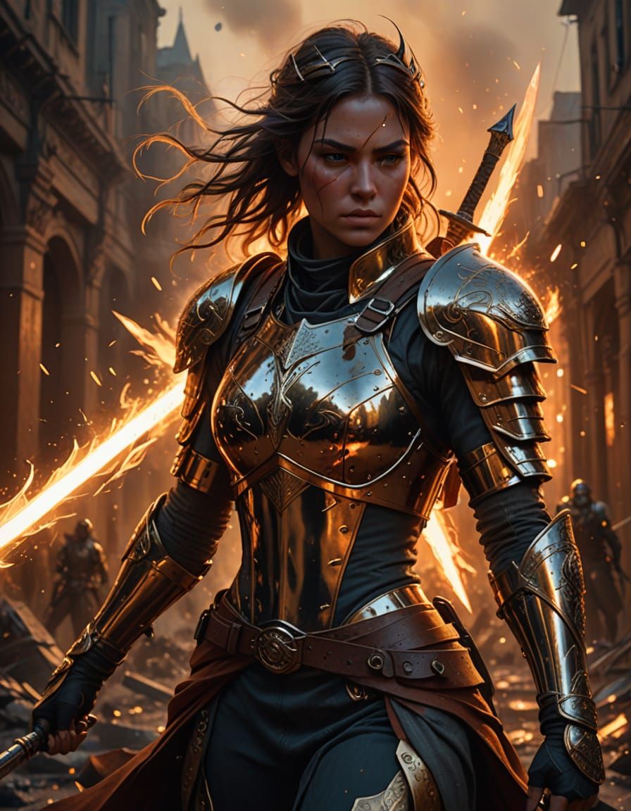 Ethereal Female Warrior in Mid-Battle Dexterity