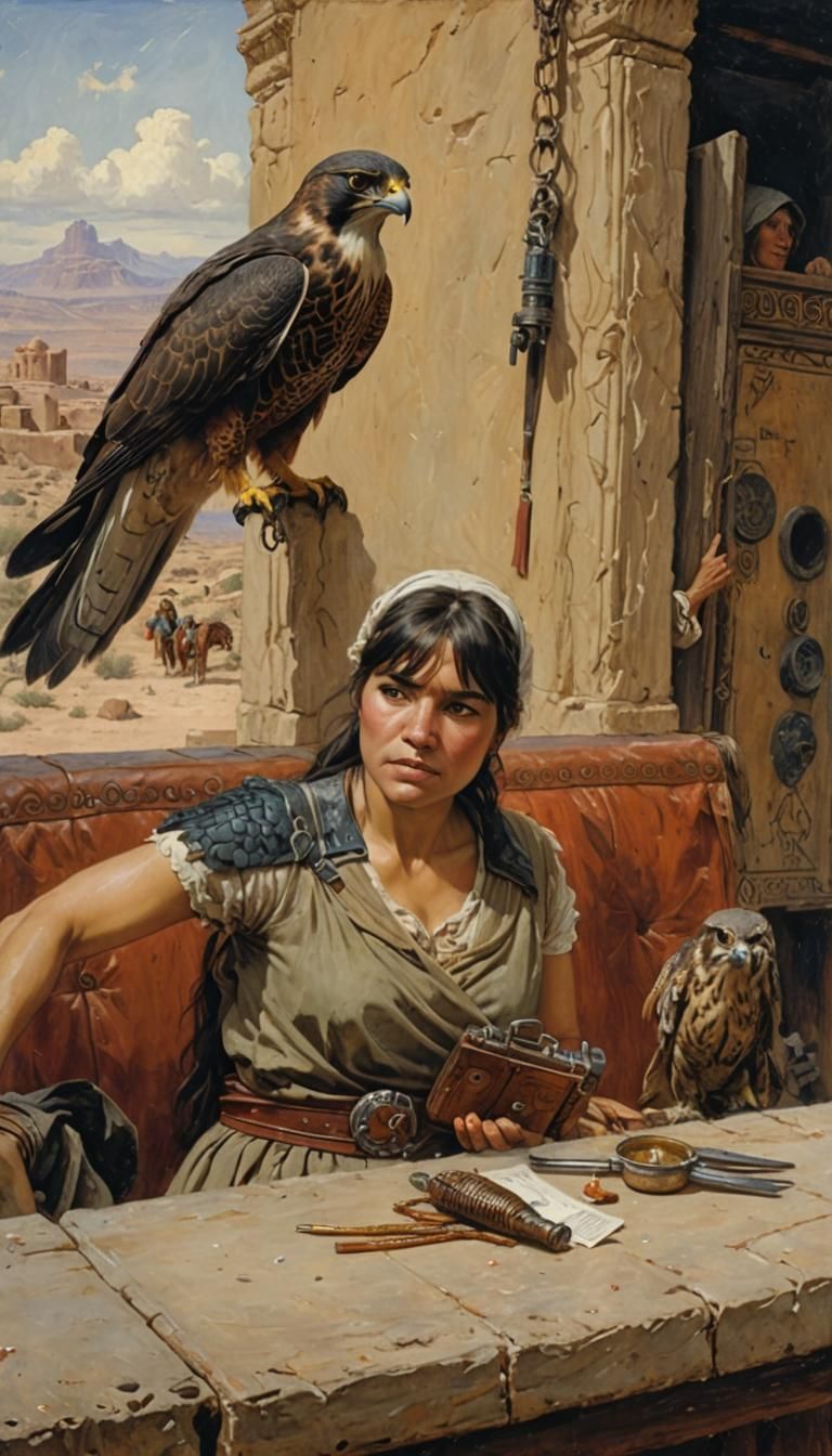 Falcon Brings Prey to Girl: Oil Painting
