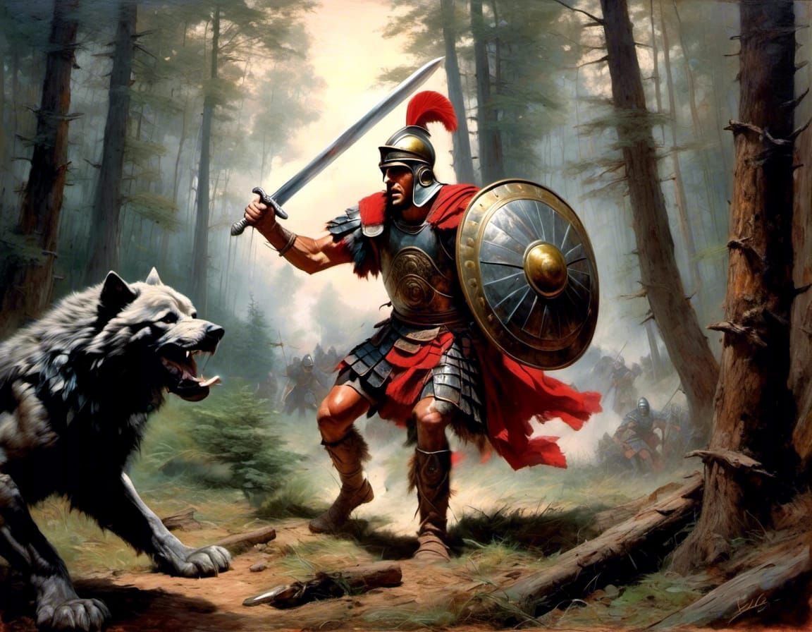 Roman Legionary Versus Werewolf in Forest, Oil Painting