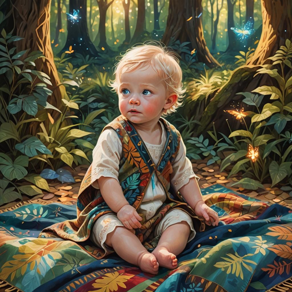 Blonde Baby in Forest: Whimsical Fantasy Art