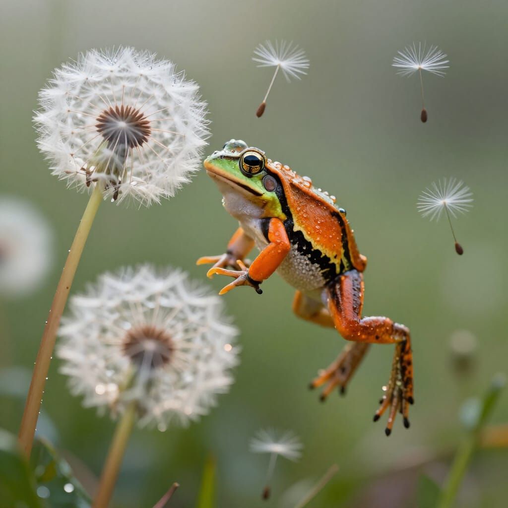 Orange Frog Leaps Over Dandelion with Floating Seeds