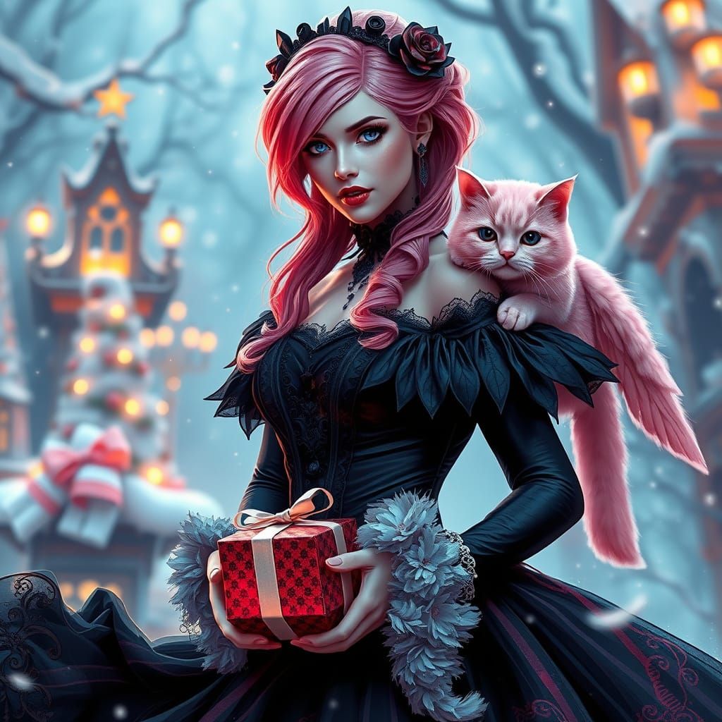 Gothic Bride with Pink Cat in Winter Wonderland