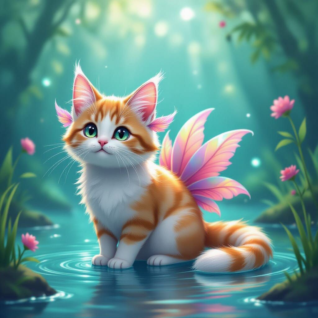Whimsical Cat with Axolotl Fins Illustration