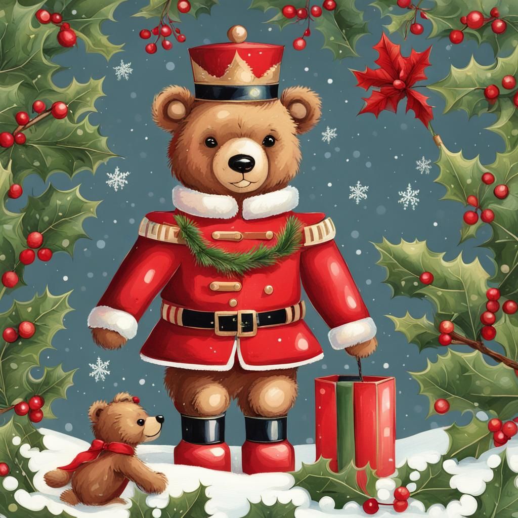 Christmas Nutcracker Teddy Bear in Snow