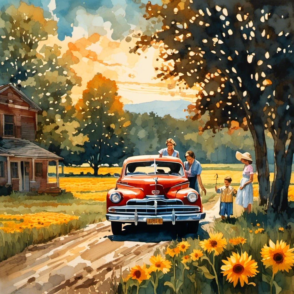 1950s Family Portrait in Titian Watercolor Style