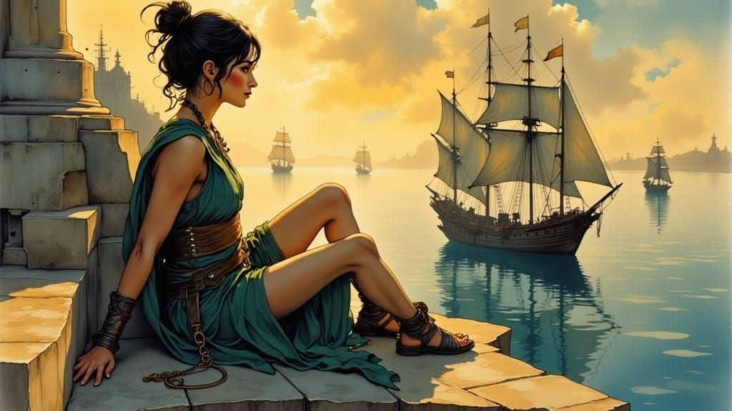 Greek Woman and Officer in Impressionist Style