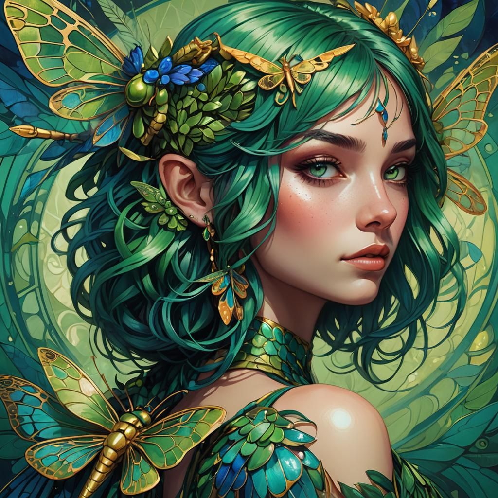 Vibrant Fantasy Portrait with Dragonfly Wings and Art Nouvea...