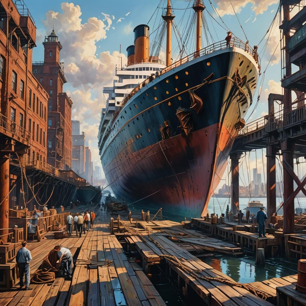 Titanic Docks in New York: Surreal Oil Painting