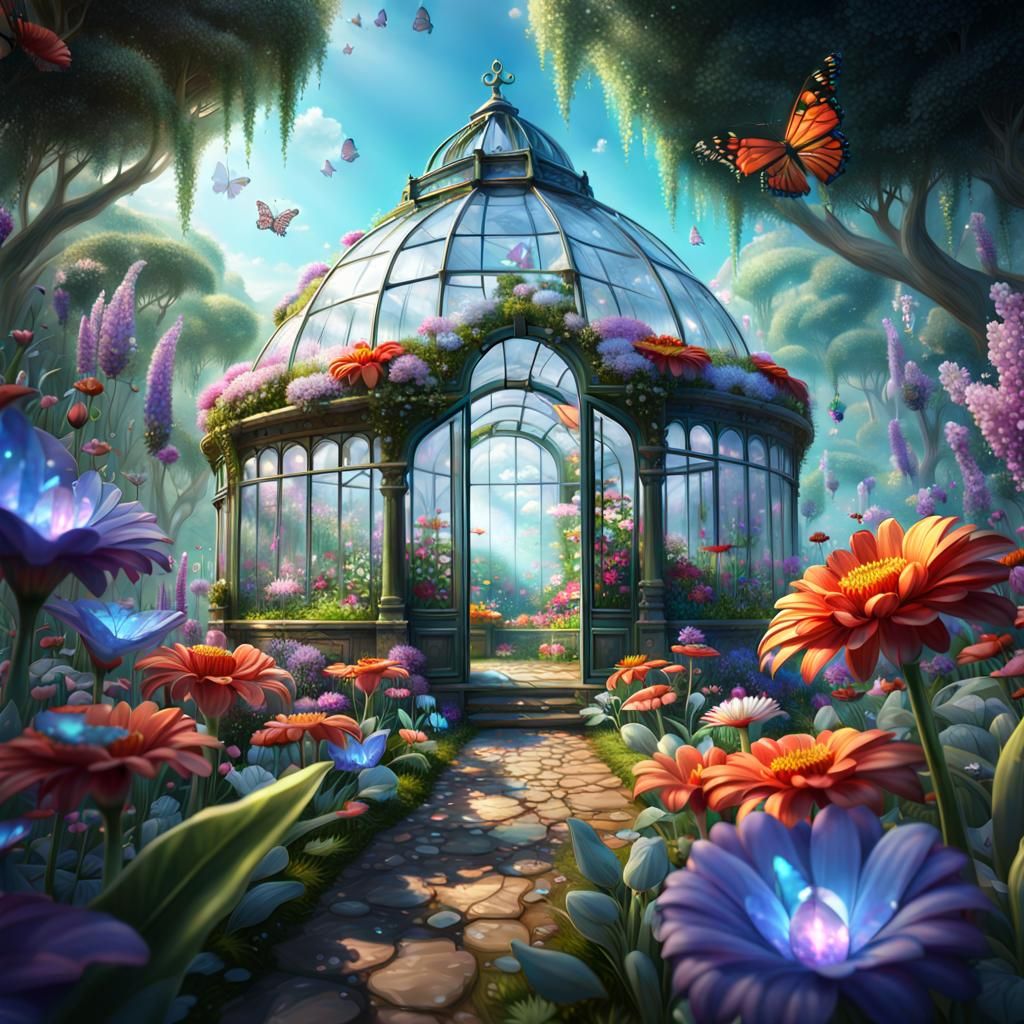 Crystal Greenhouse Surrounded by Flowers and Butterflies