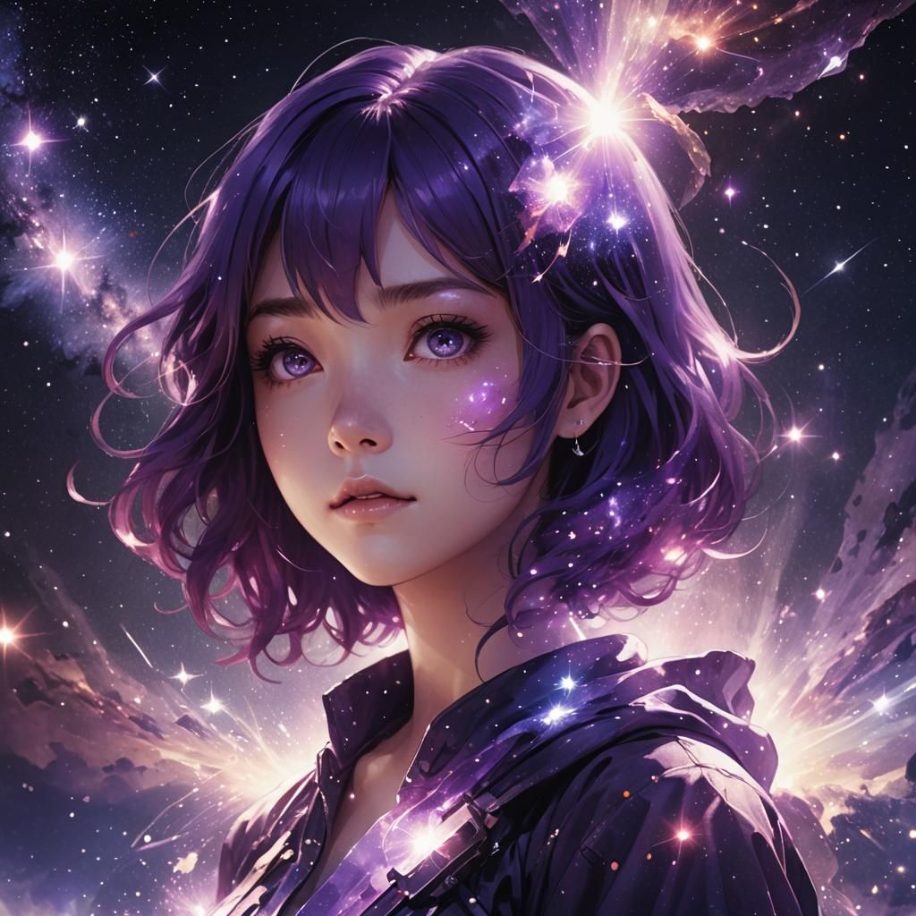 Amethyst Haired Girl in Nebula Night Sky