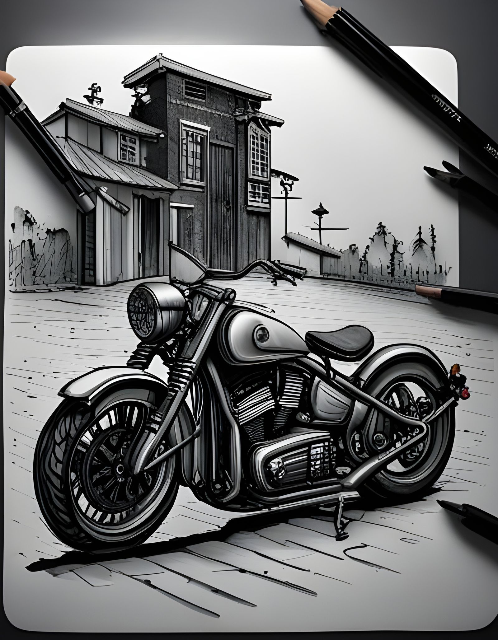 Detailed Motorcycle Black and White Ink Drawing
