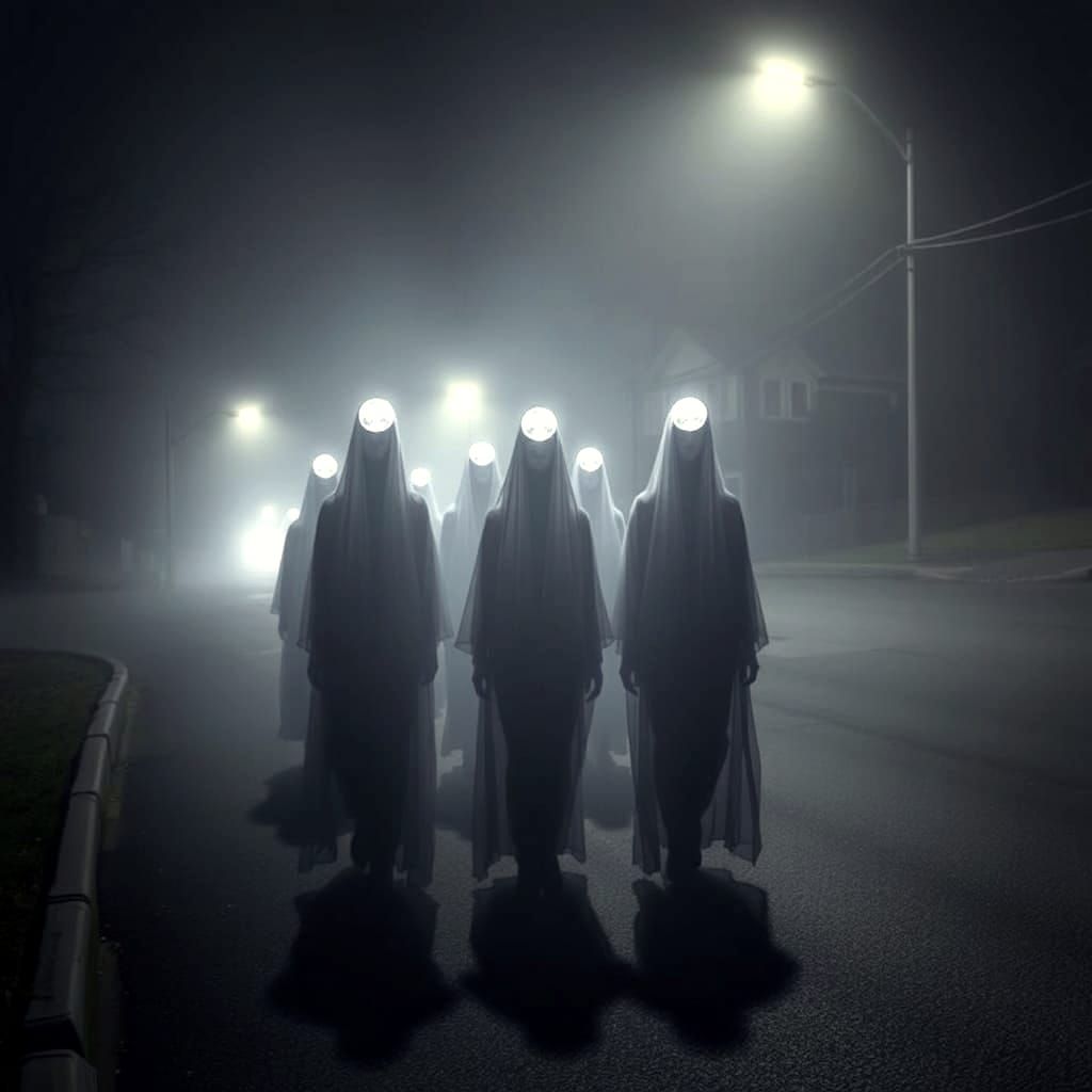 Ghostly Figures Procession Through Foggy Night