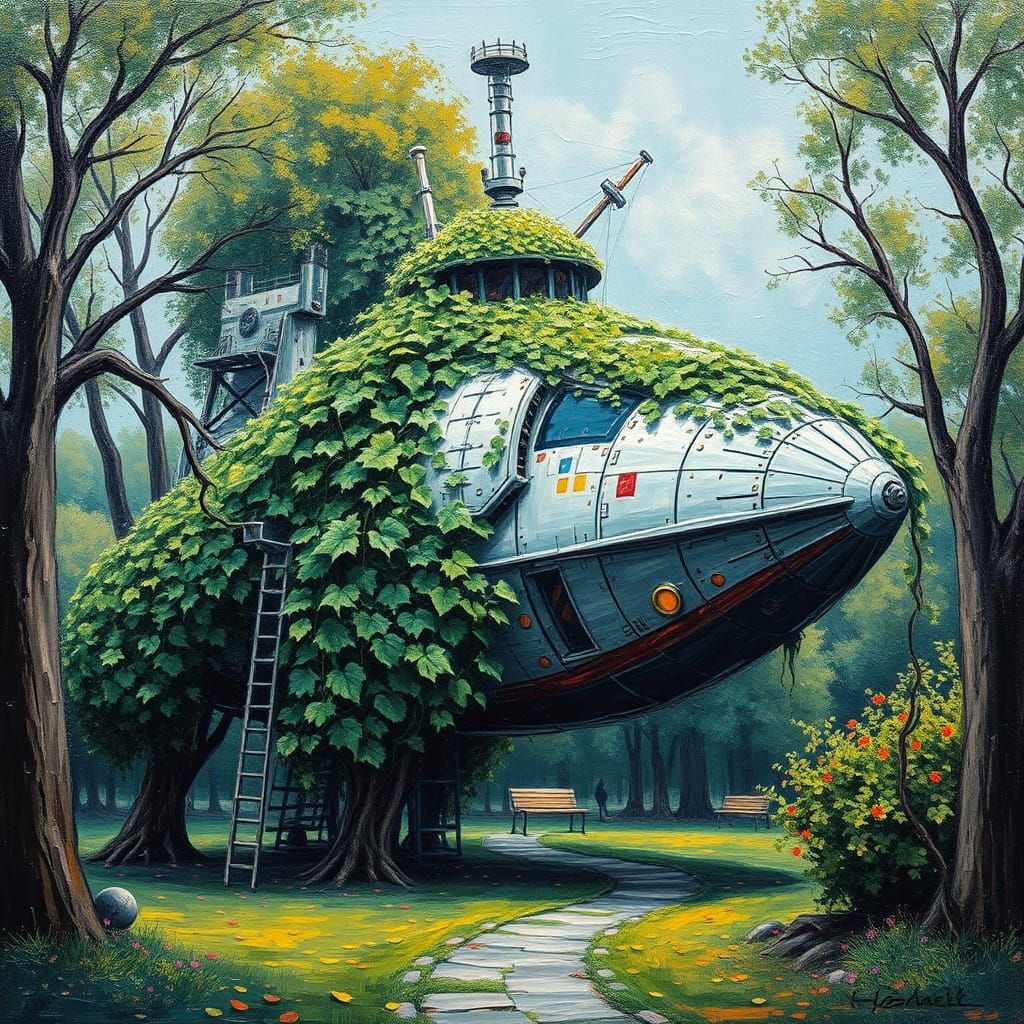 Spaceship Covered in Vines as Impasto Painting