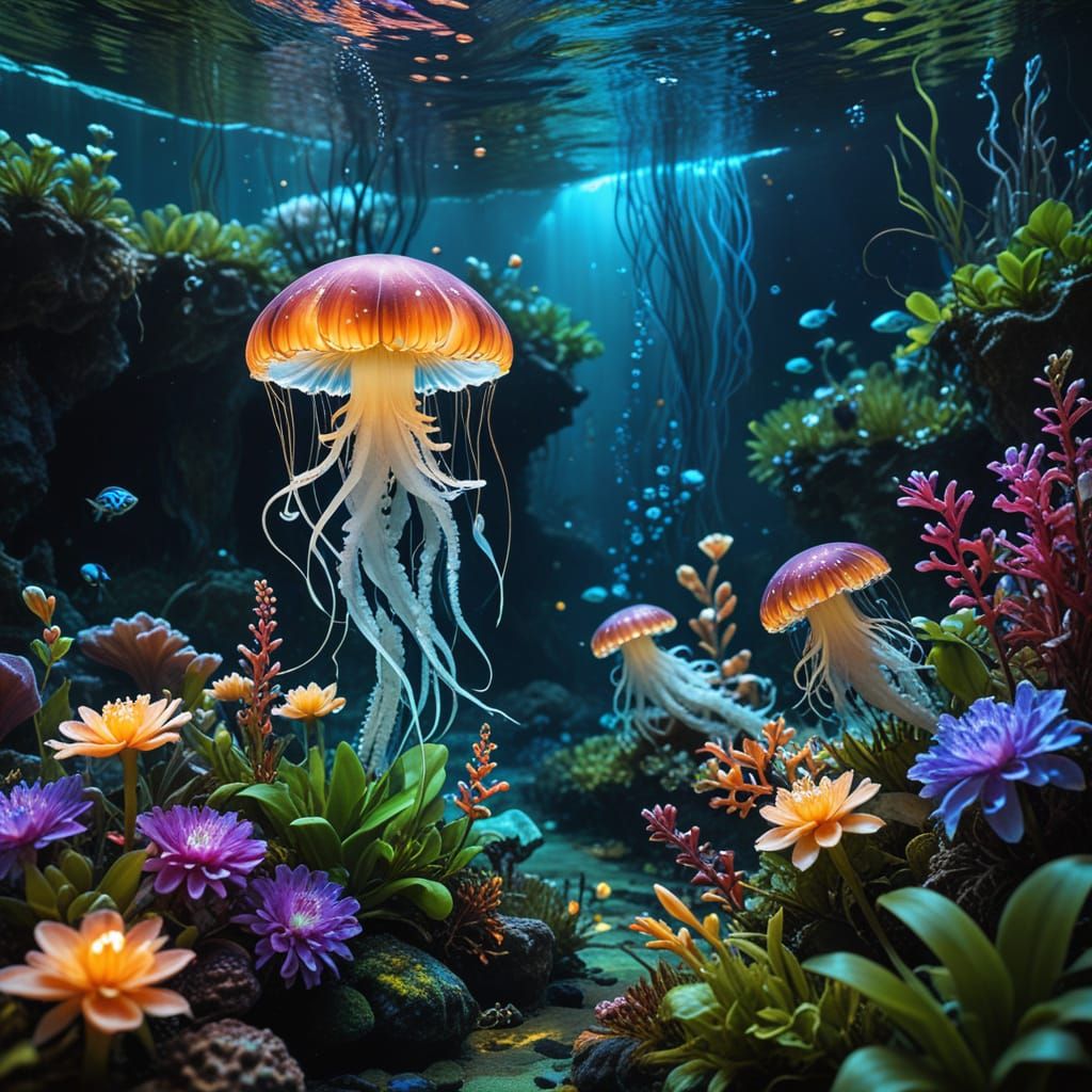 Bioluminescent Underwater Garden with Floral Sea Creatures