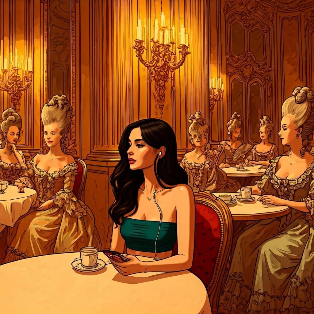 Rococo Cafe Anachronism: Modern Woman in Baroque Setting