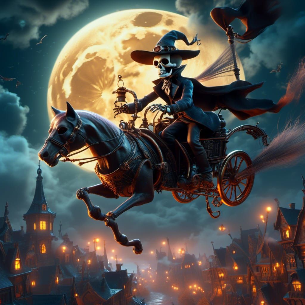 Steampunk Witch and Cat Flying Past Halloween Moon