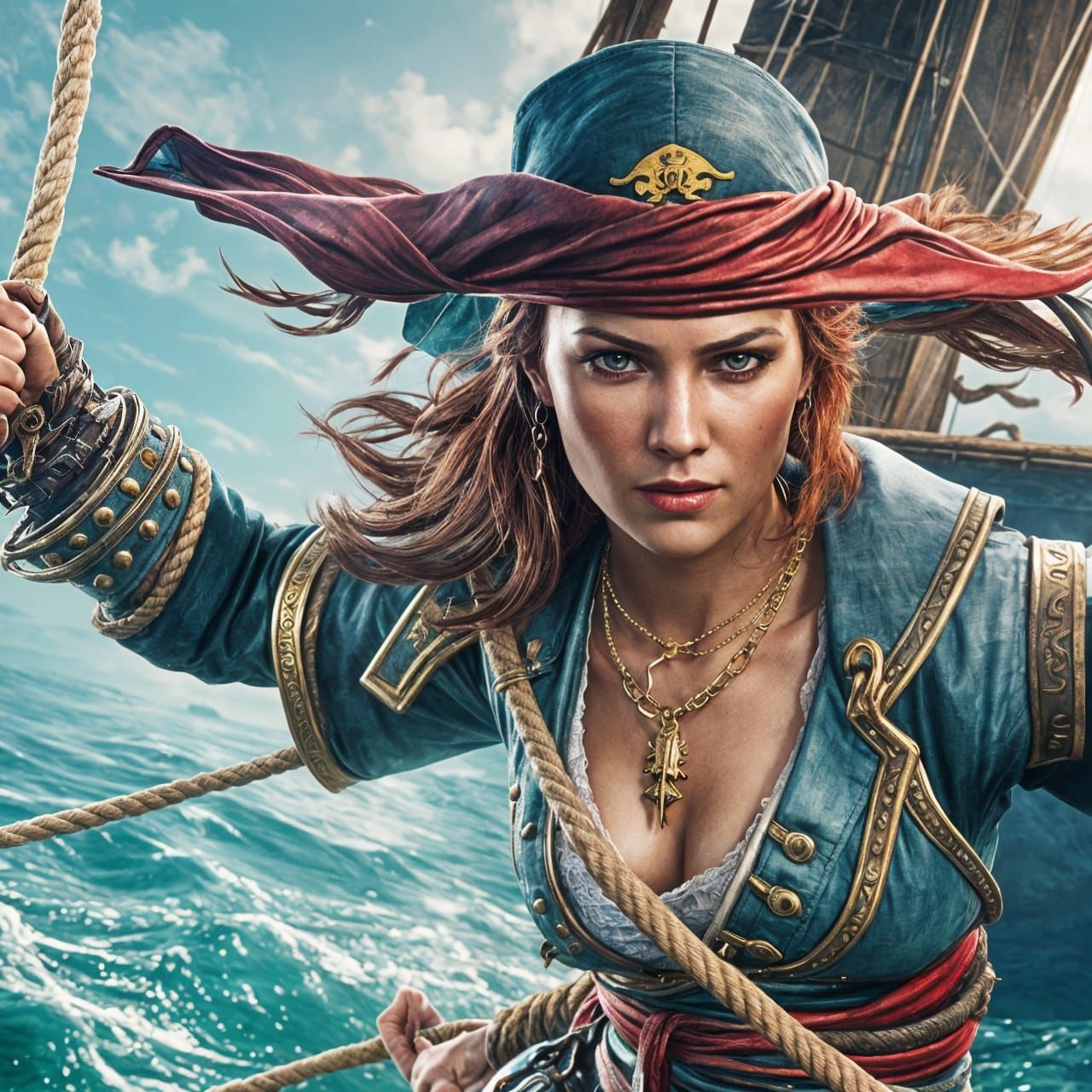 Fearless Pirate Swings Between Ships: 3D Digital Art