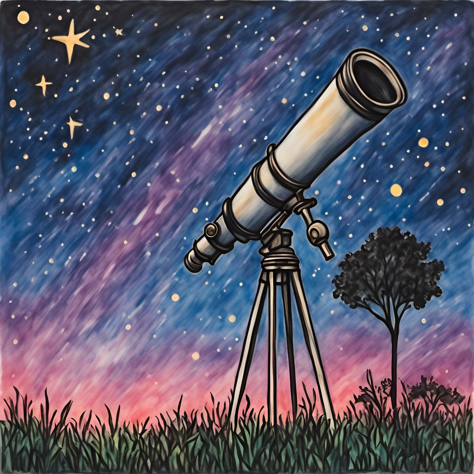 Telescope Pointed to Stars in Crayon Wax Style
