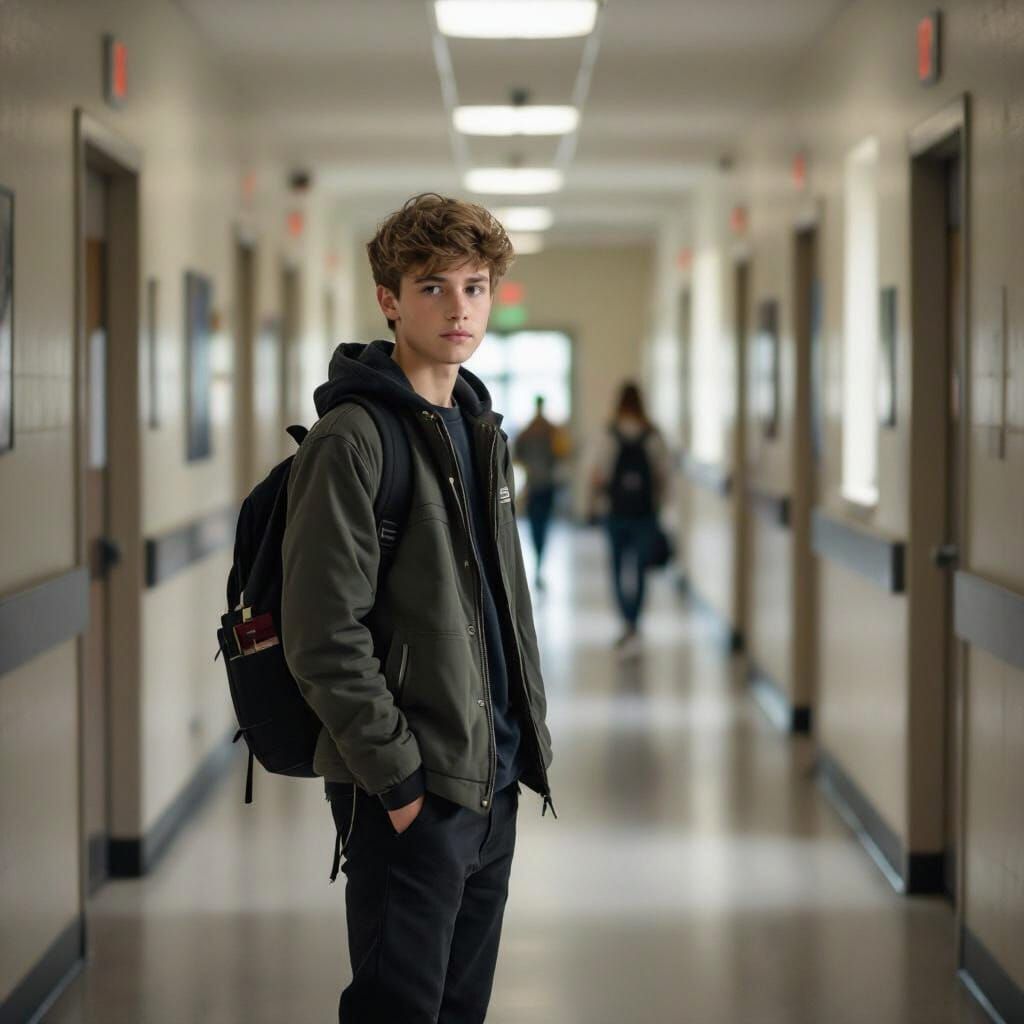 Student Portrait in School Hallway, Realistic Photography St...