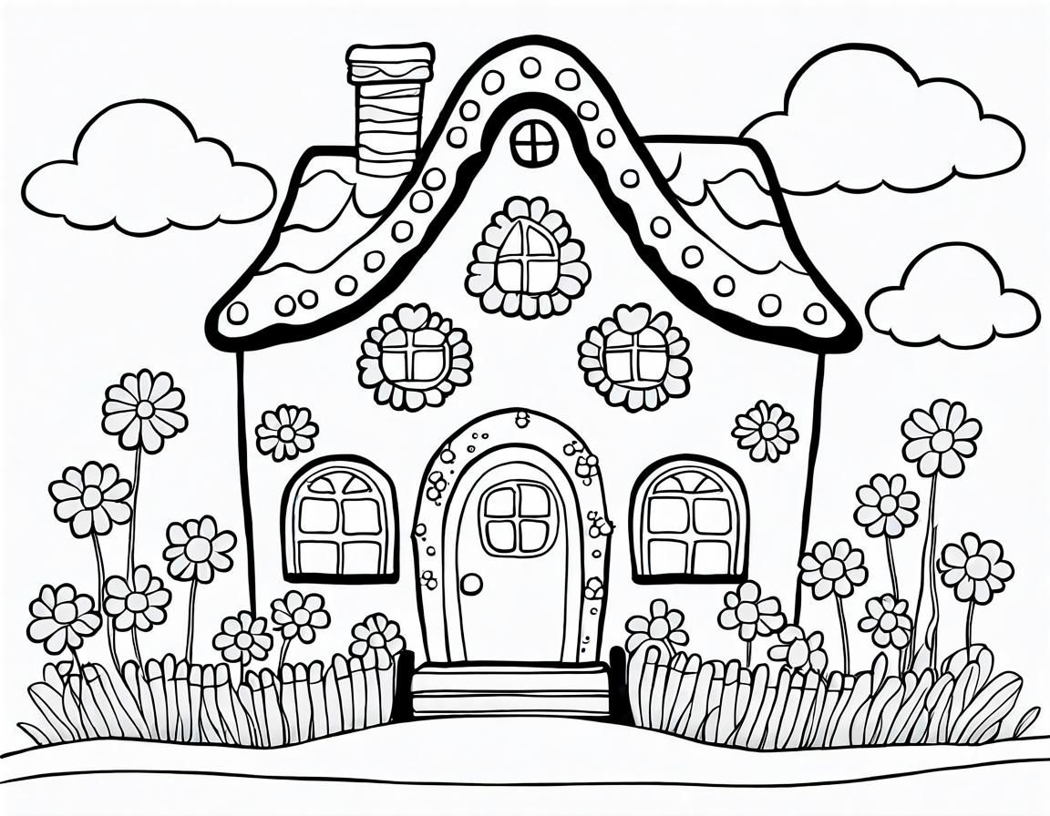 Gingerbread House Coloring Page in Line Art
