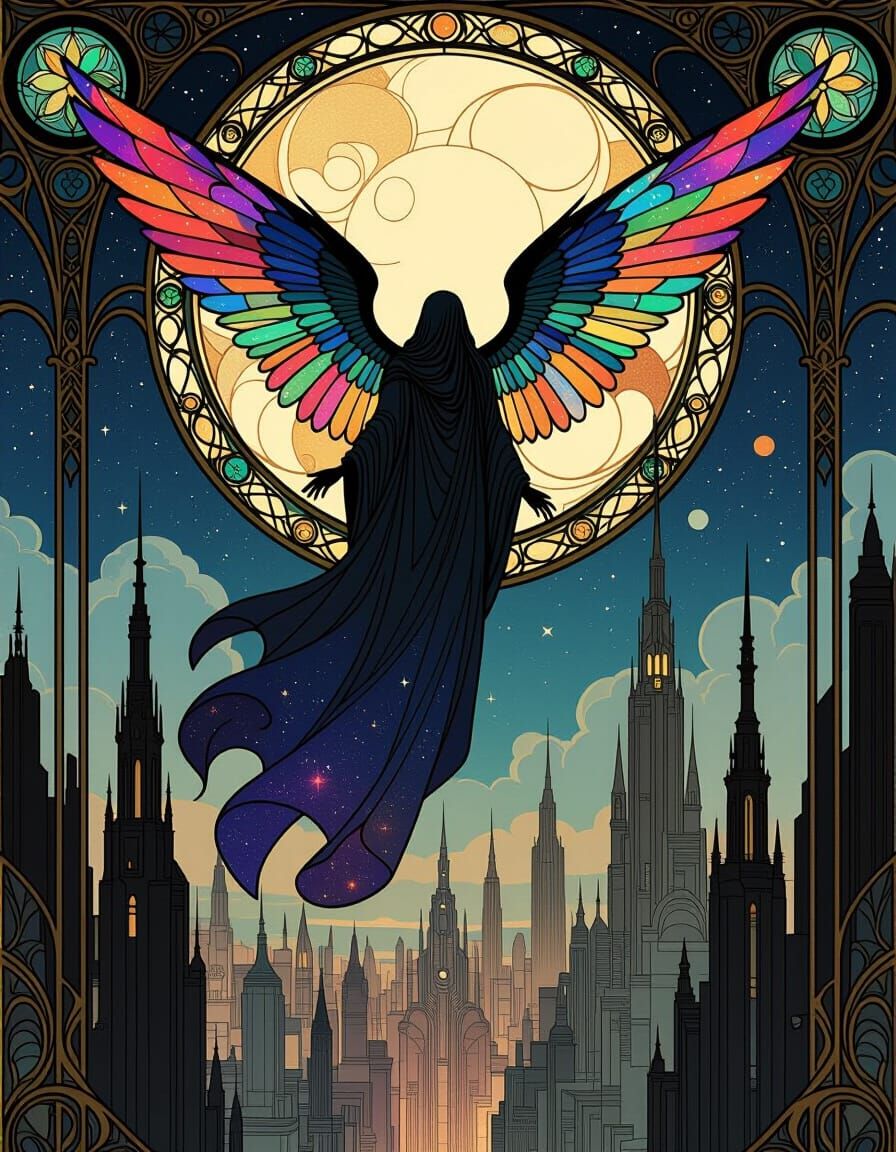 Celestial Being Over Futuristic City in Art Nouveau Style