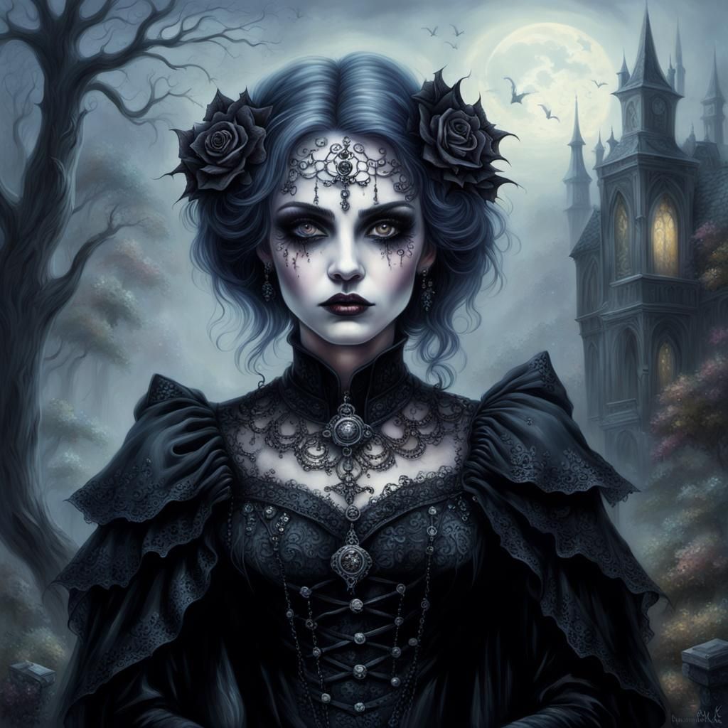 Ethereal Gothic Woman Portrait in Hyperdetailed Landscape