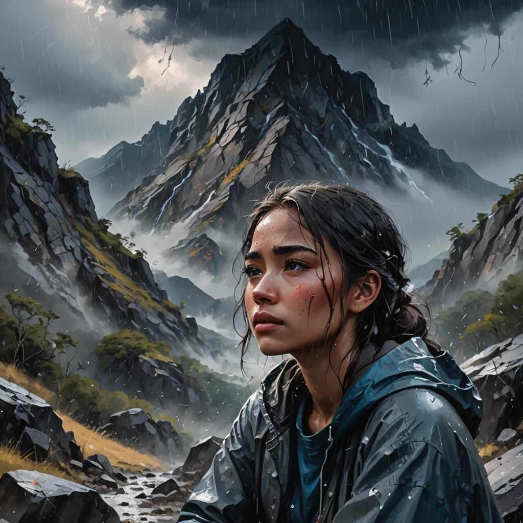 Girl Crying Before Mountain in Emotive Fantasy Art