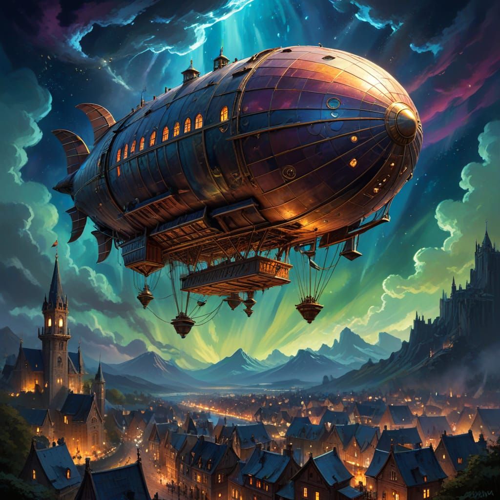 Steampunk Dirigible Over Medieval City in Aurora Sky
