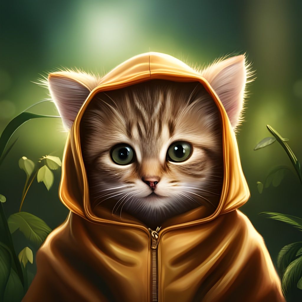 Hyperrealistic Kitten in Hood with Magical Lighting
