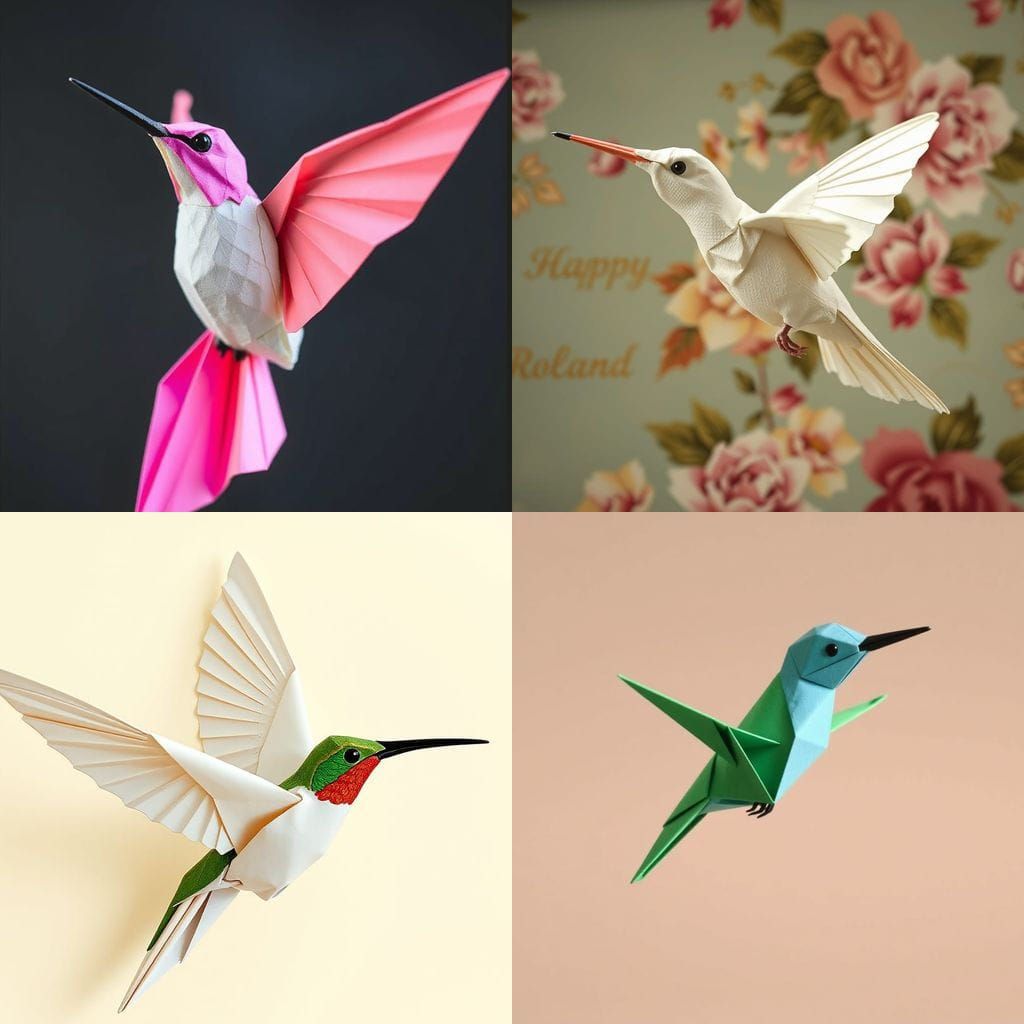 Delicate Origami Paper Hummingbird in Flight