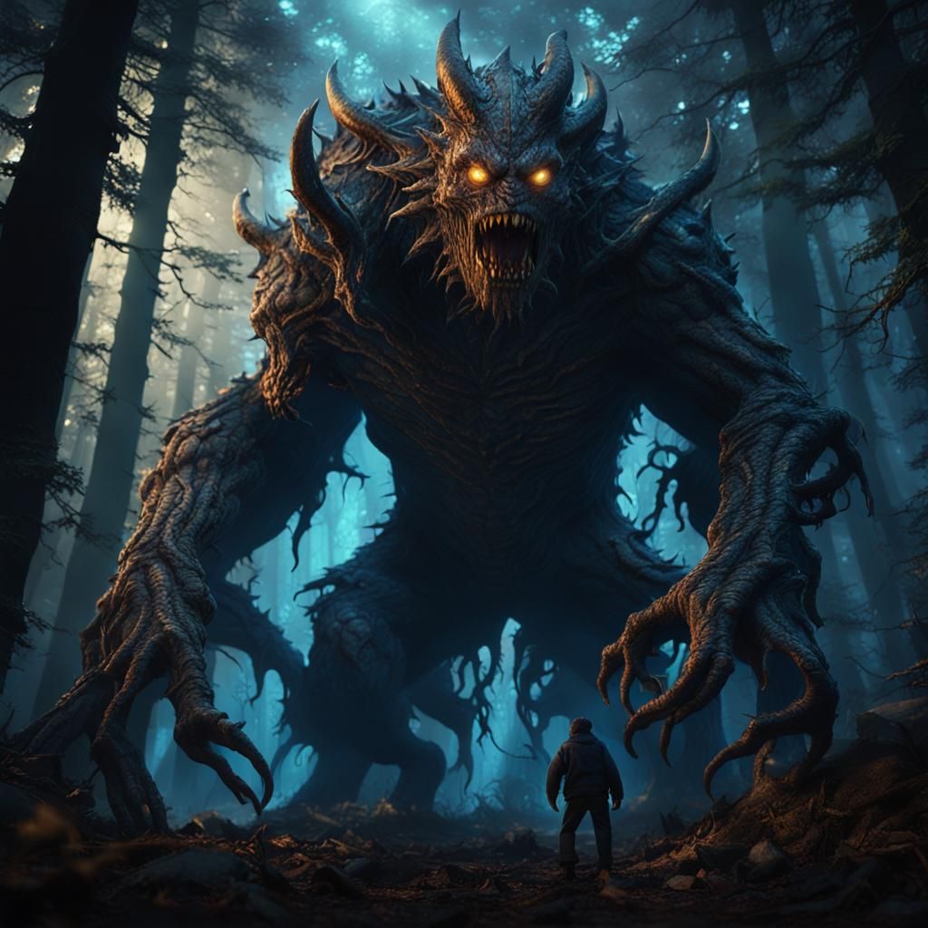 Monstrous Creature Emerging from Shadows in Tenebrism Style