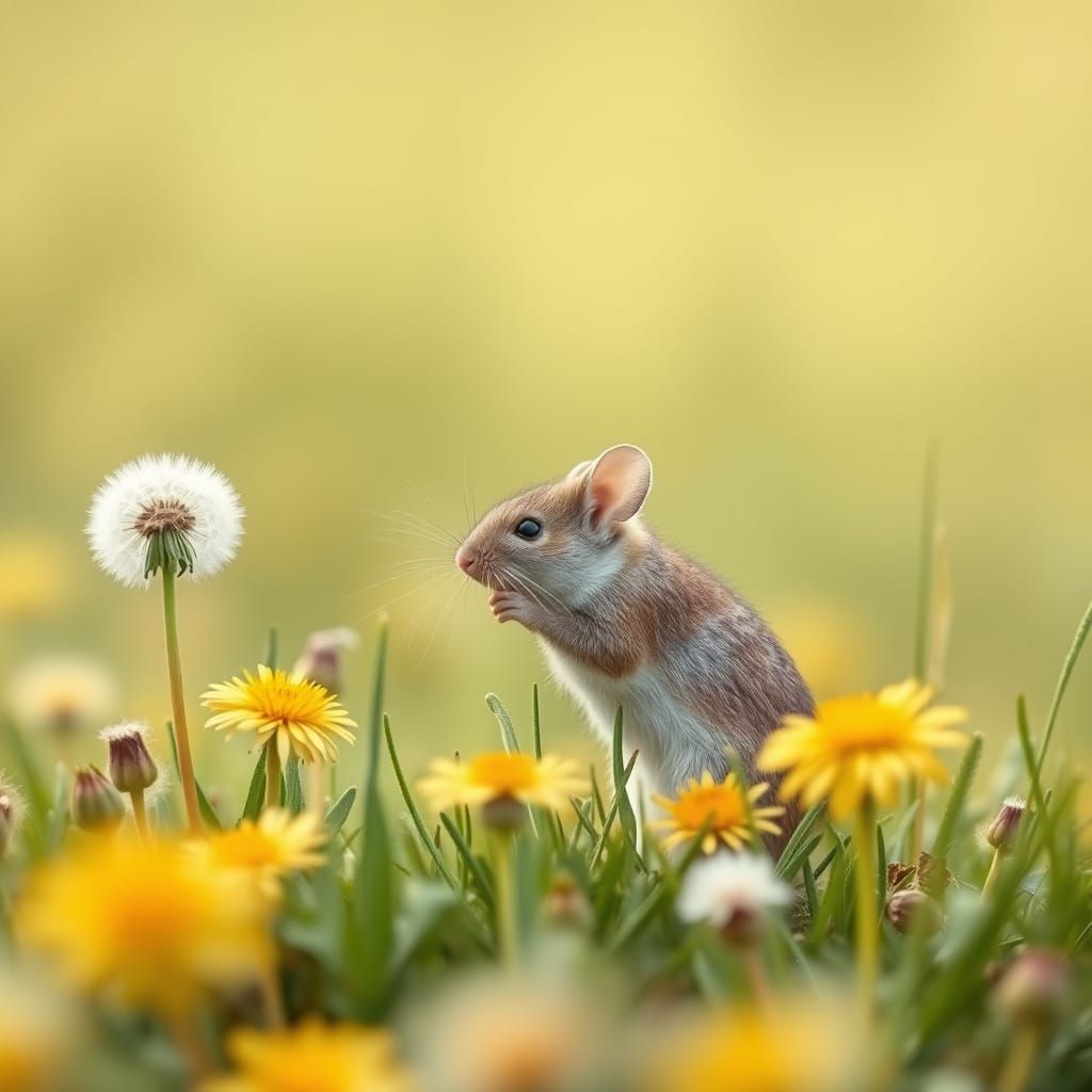 Mouse Relaxing in Dandelion Field