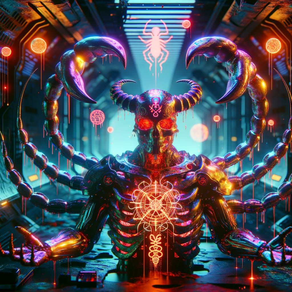 Robotic Scorpion God in Spaceship, Glitched Hologram