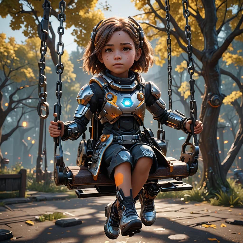Cyborg Girl on Swings in Cinematic 3D