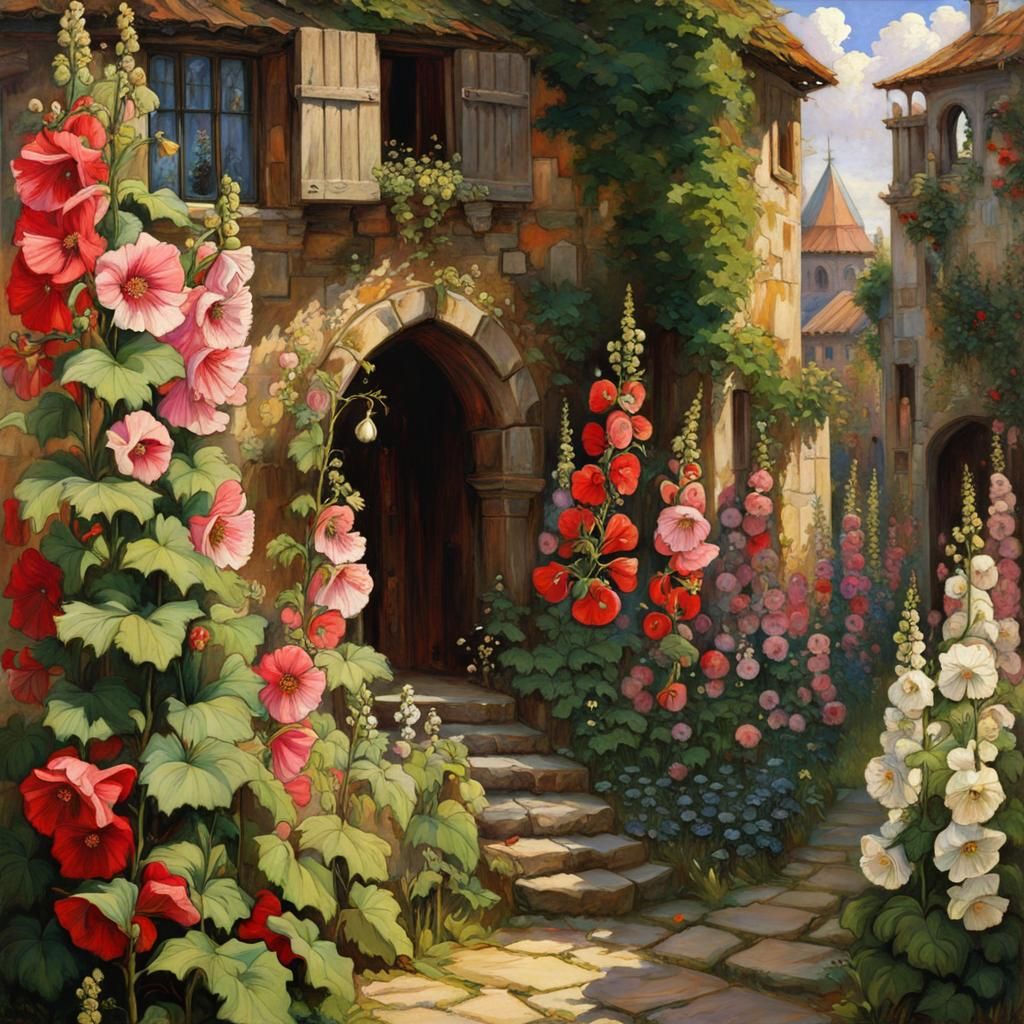 Hollyhocks Painting in Pre-Raphaelite Style