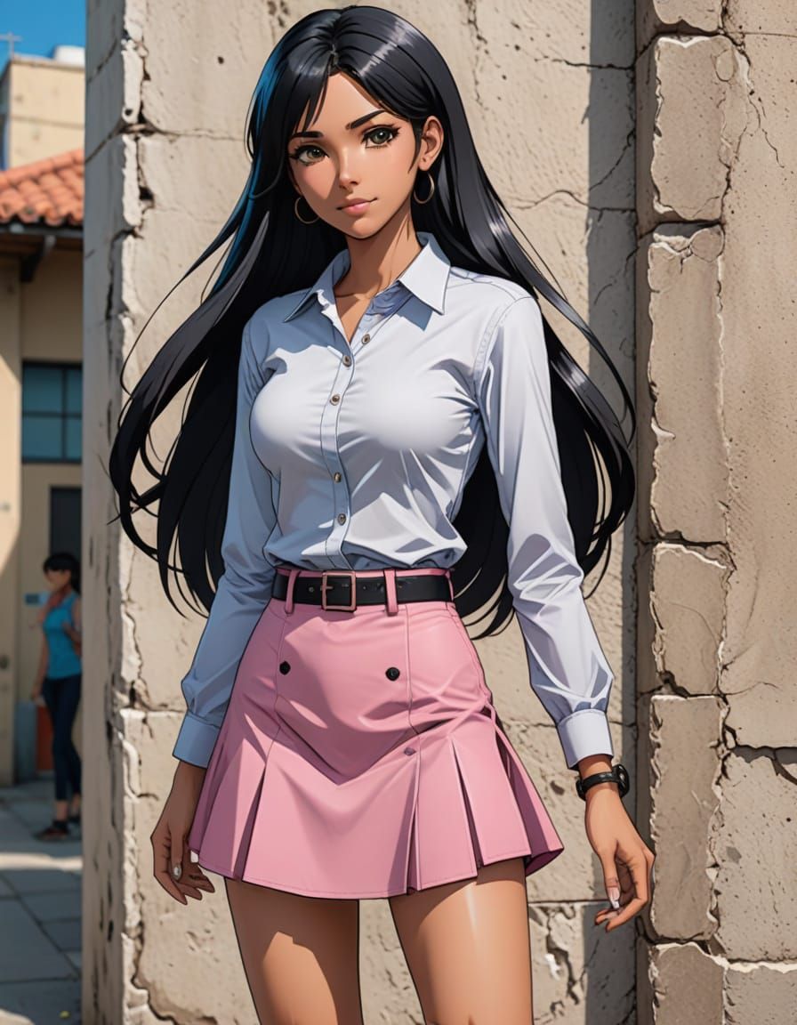 Anime Style Dominican Woman in Pink Micro Skirt and Platform...